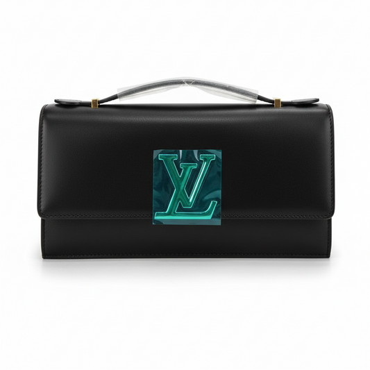 Black handbag with a green logo on a white background
