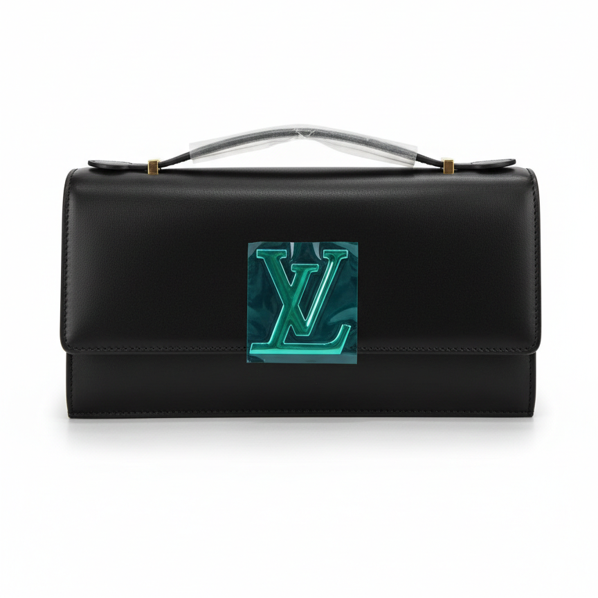 Black handbag with a green logo on a white background