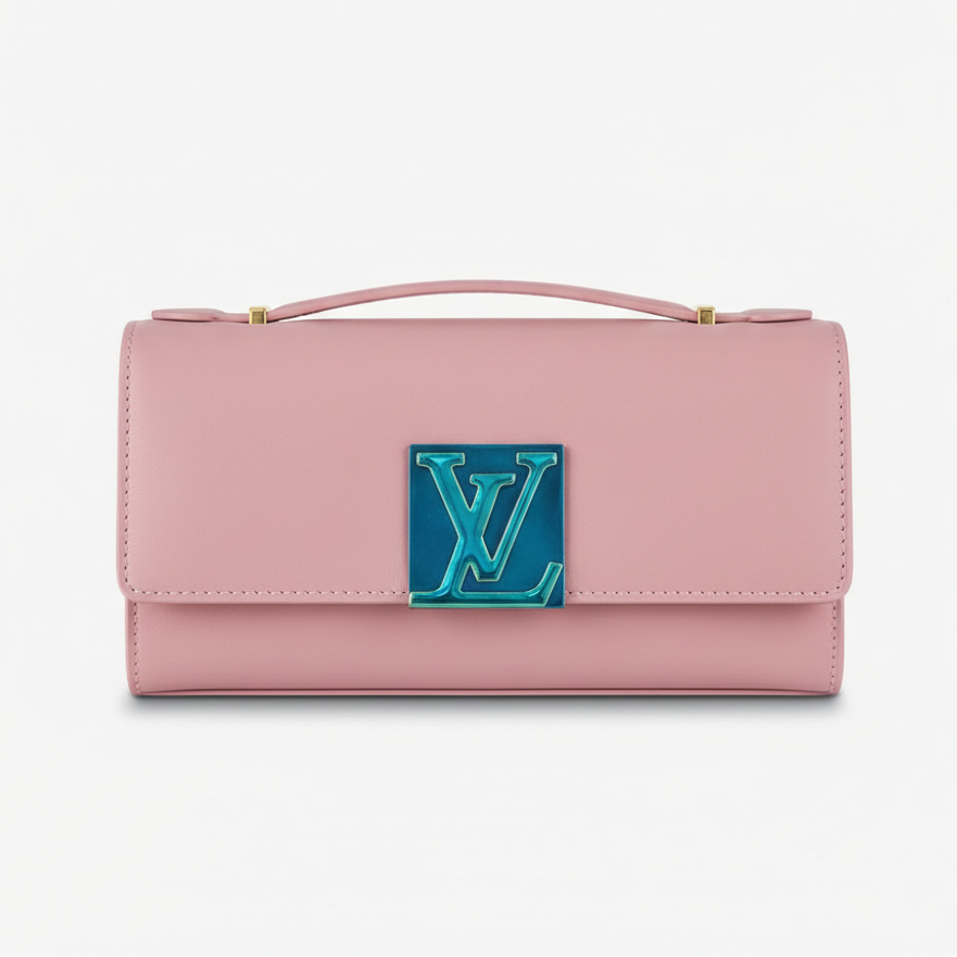 Pink wallet with a blue logo on a white background