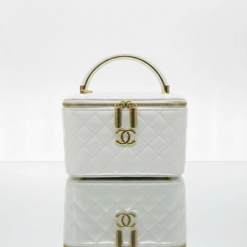 The  Quilted Small Top Handle Vanity Case With Chain Black